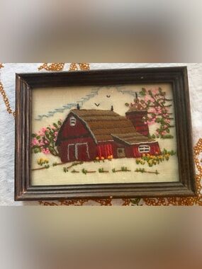 VINTAGE Hand-Embroidered CREWEL Red Barn Wall Art